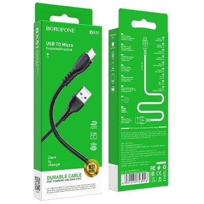 USB кабель для зарядки micro USB 1м, 2,4A силиконовый, черный BX51 "Borofone"