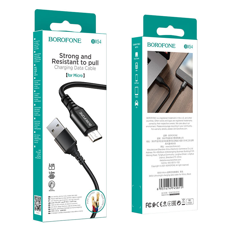 USB кабель для зарядки micro USB 1м, 2,4A тканевый, черный BX54 "Borofone" 1