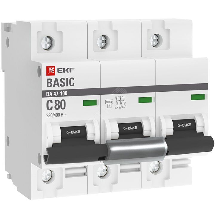 Выключатель автоматический 3P 80А (C) 10kA ВА 47-100 EKF Basic (mcb47100-3-80C-bas)