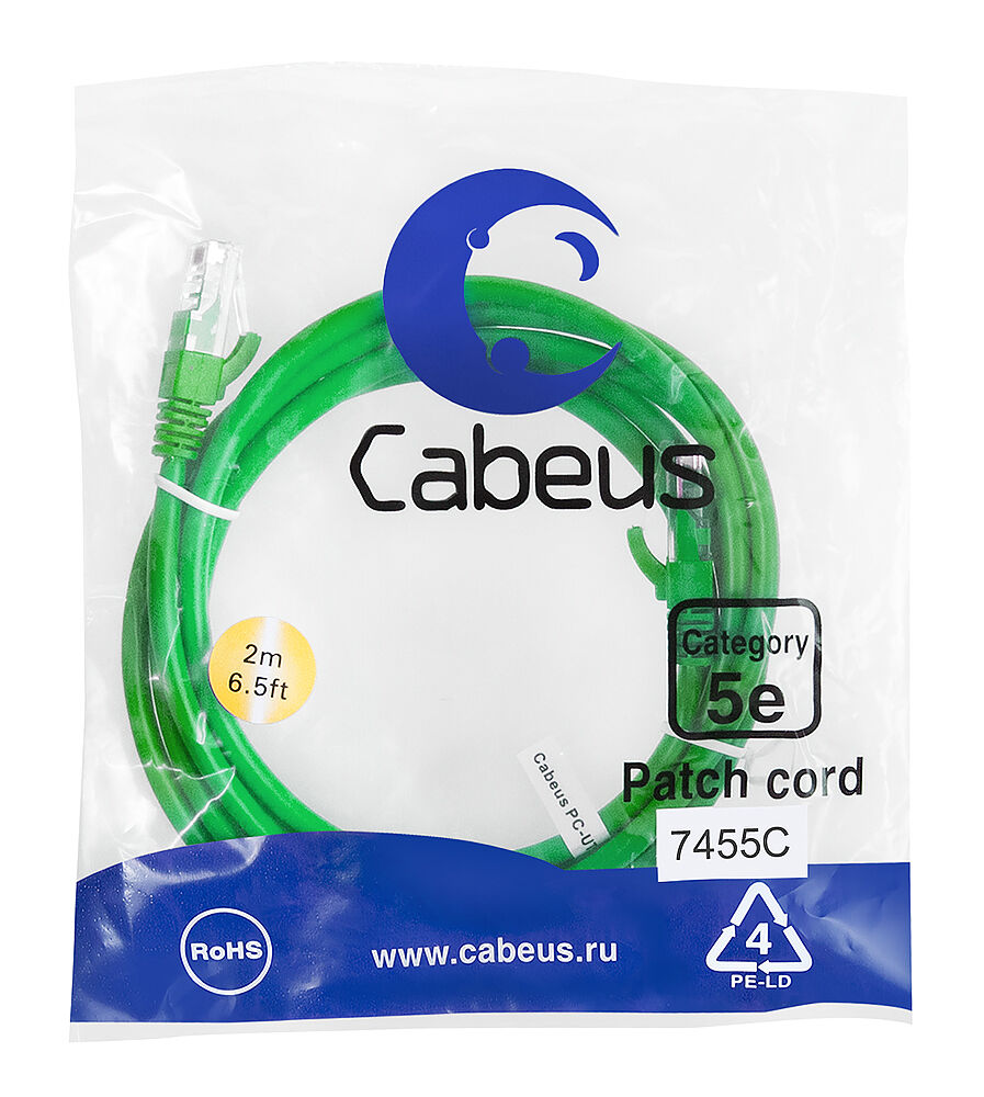 Патч-корд Cabeus PC-UTP-RJ45-Cat.5e-2m-GN-LSZH