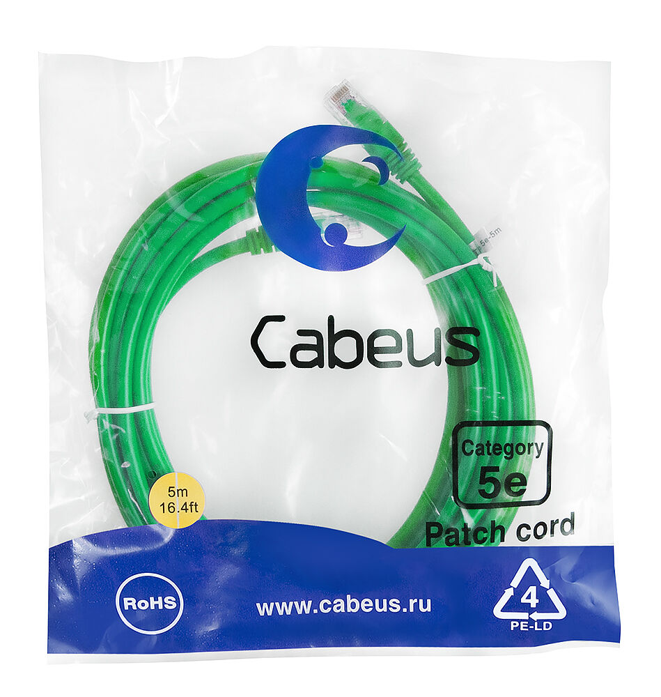 Патч-корд Cabeus PC-UTP-RJ45-Cat.5e-5m-GN-LSZH