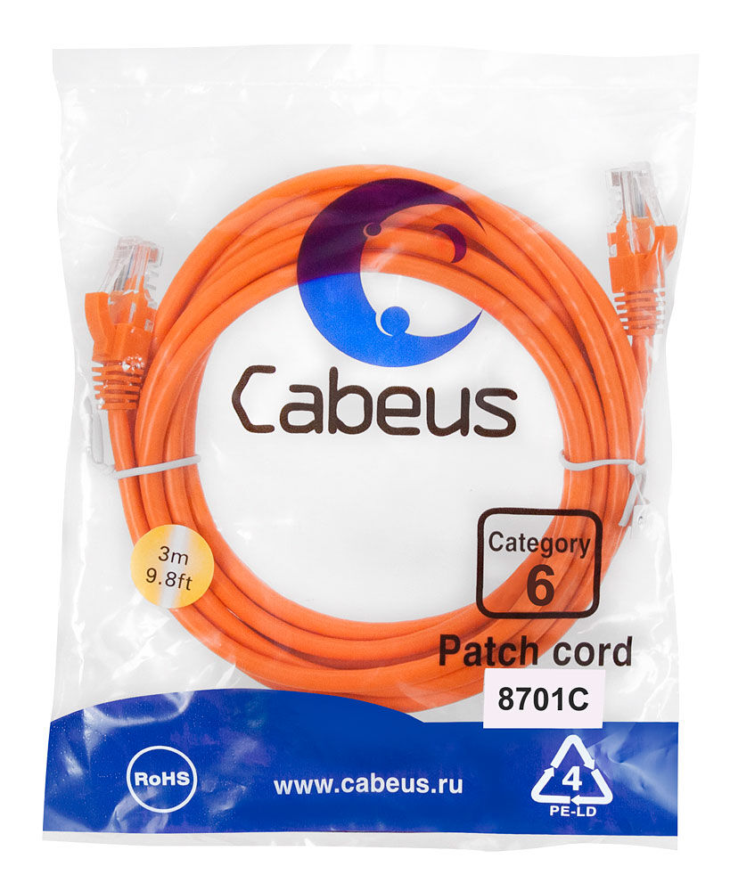 Патч-корд Cabeus PC-UTP-RJ45-Cat.6-3m-OR