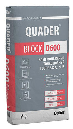 Клей монтажный тонкошовный Quader Block d600, 40 кг, Зима мешок