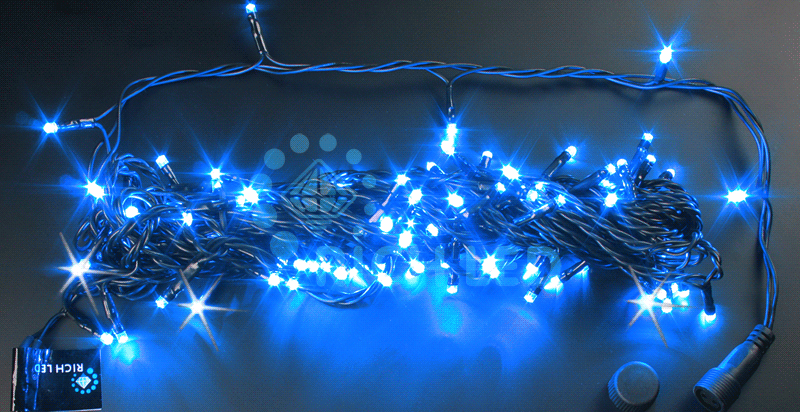 Светодиодные гирлянды Нить 10 метров, 24 В, мерцание, цвет: синий, провод: черный