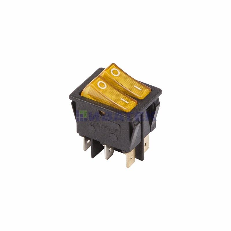 Выключатель клавишный 250V 15А (6с) ON-OFF желтый с подсветкой ДВОЙНОЙ REXANT (уп 10шт)