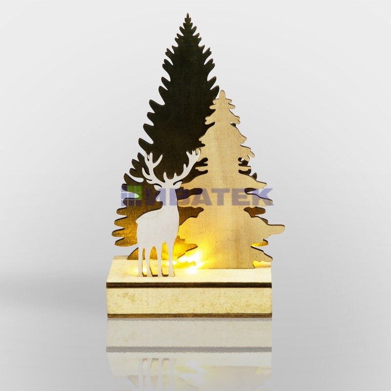 Деревянная фигурка с подсветкой "Елочка с оленем" 12*6*21,5 см(2шт./упак)