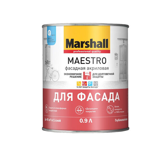 Marshall Maestro Фасадная акриловая краска водно-дисперсионная для фасадных поверхностей глубокоматовая база BW (0,9л) M