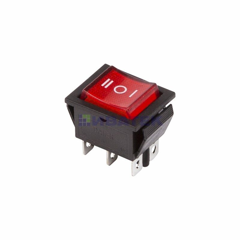 Выключатель клавишный 250V 15А (6с) ON-OFF-ON красный с подсветкой и нейтралью REXANT (уп 10шт)