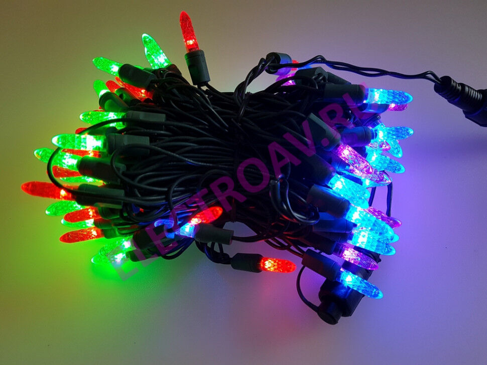 LED-PL-M5-4"-220V-20#-RGBPP Светодиодная гирлянда 10м, 100LED, мульти цвет, с колпачками М5, интервал LED 10 см, зеленый
