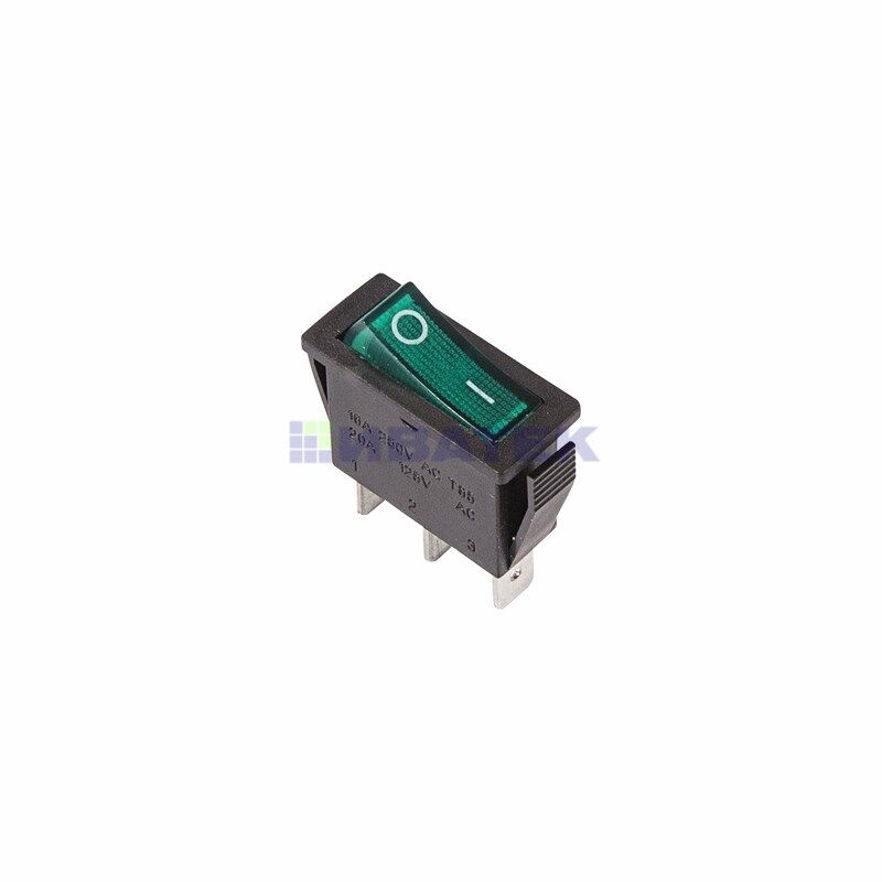 Выключатель клавишный 250V 15А (3с) ON-OFF зеленый с подсветкой REXANT 36-2213 (уп 10шт)