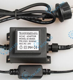 Трансформатор 220/24 В , усиленная влагозащита IP65, герметичный, 60 Вт, шнур подключения с выпрямителем тока 1.5 м., цв