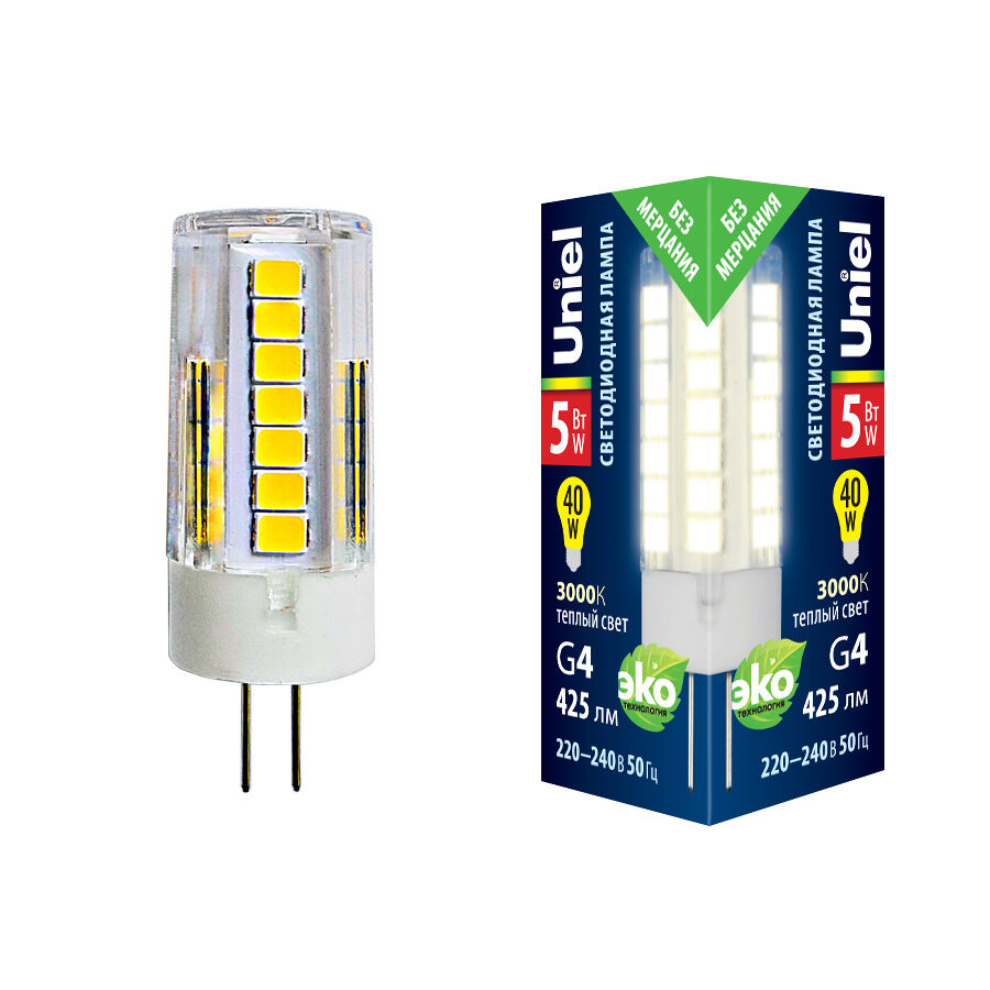 Лампа светодиодная LED-JC-220/5W/3000K/G4/CL GLZ09TR картон Uniel