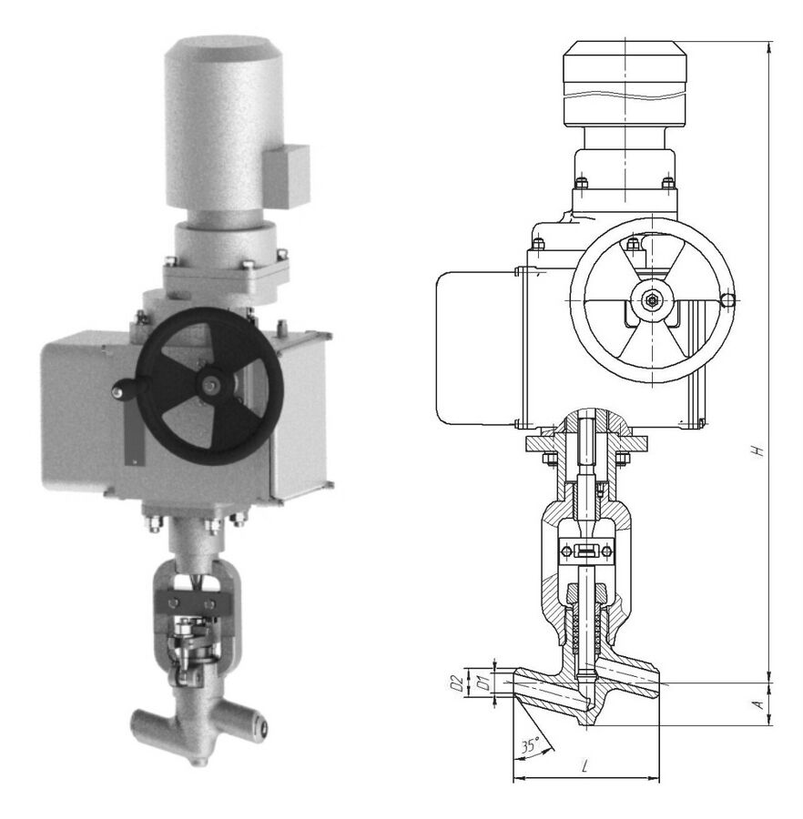 Клапан 998-20-ЭЧ с электроприводом ПЭМ-А12М У2, DN 20 мм, PN 37.3 Мпа, ст 20