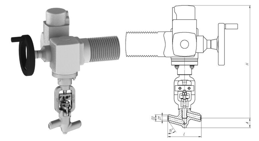 Клапан 998-20-ЭД с электроприводом AUMA, DN 20 мм, PN 37.3 Мпа, ст 20