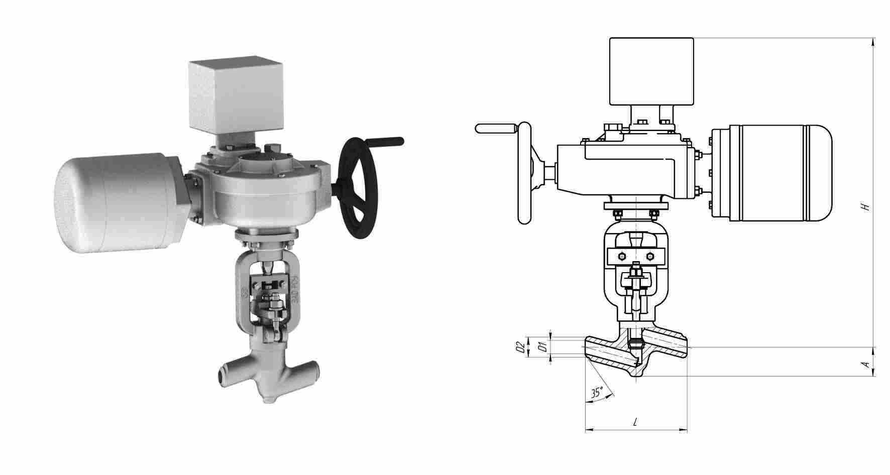 Клапан 998-20-ЭА с электроприводом 821-Э-0а, DN 20 мм, PN 37.3 Мпа, ст 20