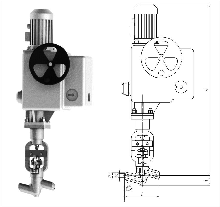 Клапан 999-20-ЭМ с электроприводом Н-А2-08Ч У2, DN 20 мм, PN 25 Мпа, ст 12Х1МФ