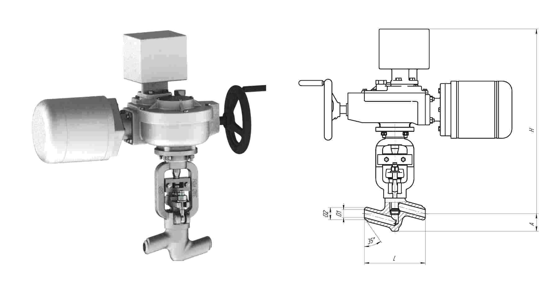 Клапан 999-20-ЭА с электроприводом 821-Э-0а, DN 20 мм, PN 25 Мпа, ст 12Х1МФ