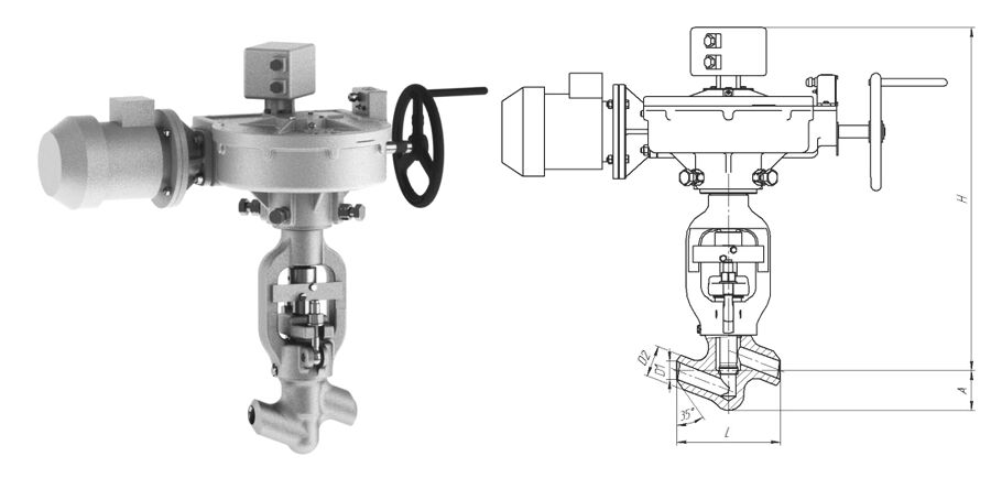 Клапан вентиль запорный 1054-40-ЭА с электроприводом 792-Э-0а-01, DN 40 мм, PN 37.3 Мпа, ст 20