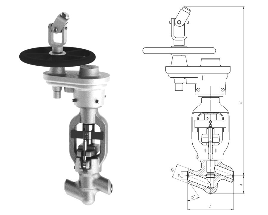 Клапан вентиль запорный 1054-40-ЦЗ с цилиндрическим редуктором, DN 40 мм, PN 37.3 Мпа, ст 20