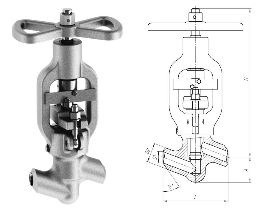 Клапан вентиль запорный 1054-40-0 с маховиком, DN 40 мм, PN 37.3 Мпа, ст 20