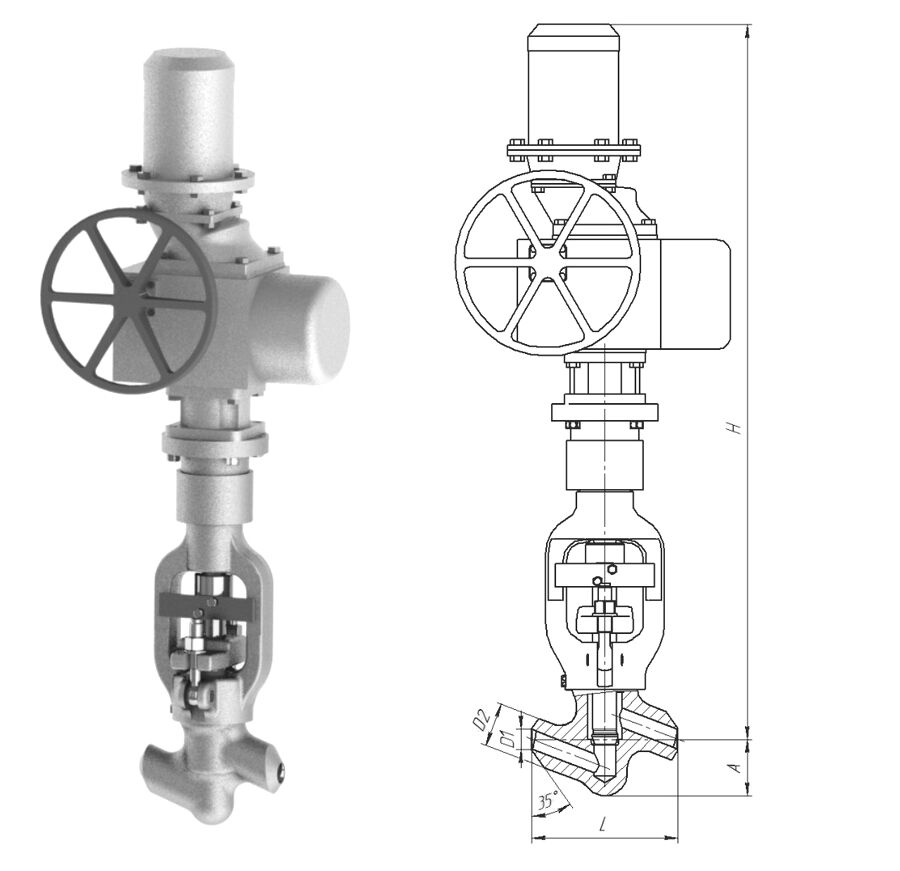 Клапан вентиль запорный 1055-32-ЭЧ с электроприводом ПЭМ-Б1М У2, DN 32 мм, PN 25 Мпа, ст 12Х1МФ