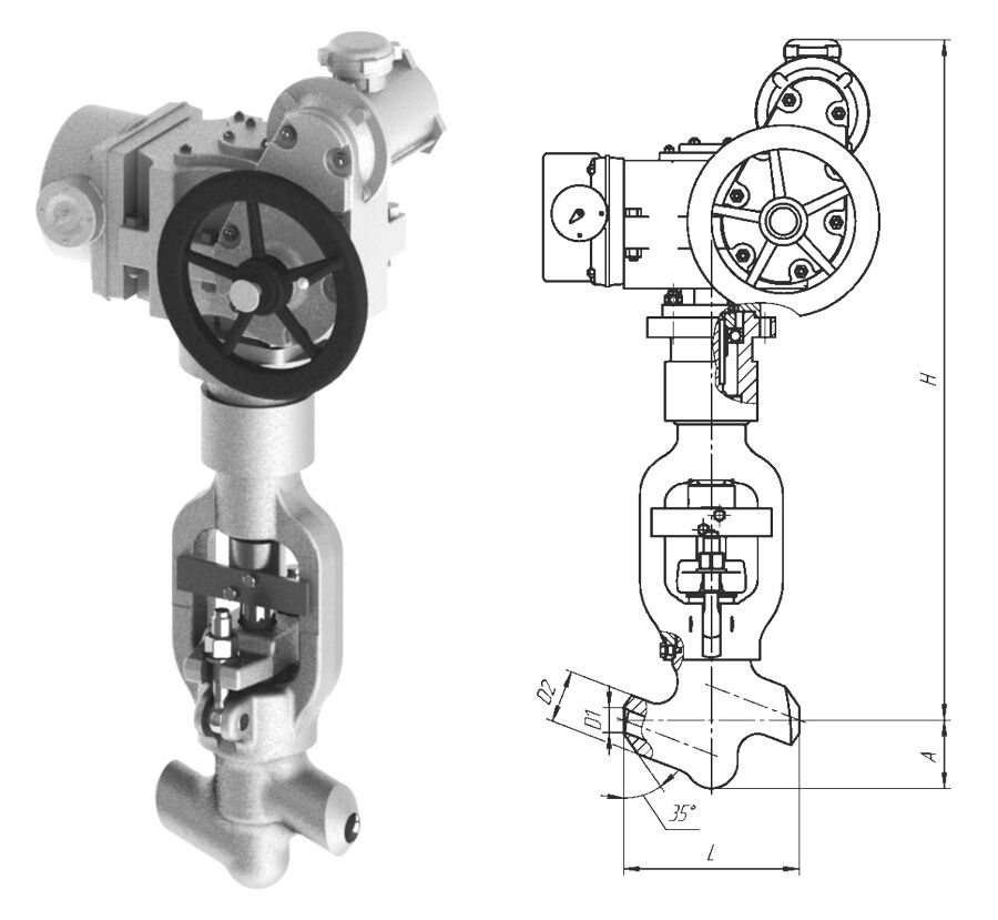 Клапан вентиль запорный 1055-32-ЭМ с электроприводомом Н-Б1-07 У2, DN 32 мм, PN 25 Мпа, ст 12Х1МФ