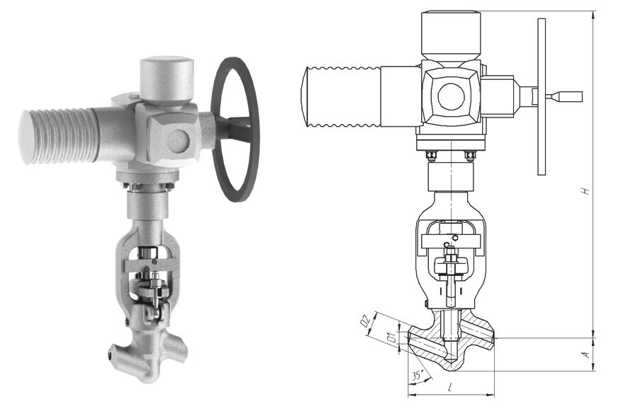 Клапан вентиль запорный 1055-32-ЭД с электроприводомом AUMA SA 14.6-F14-C38, DN 32 мм, PN 25 Мпа, ст 12Х1МФ