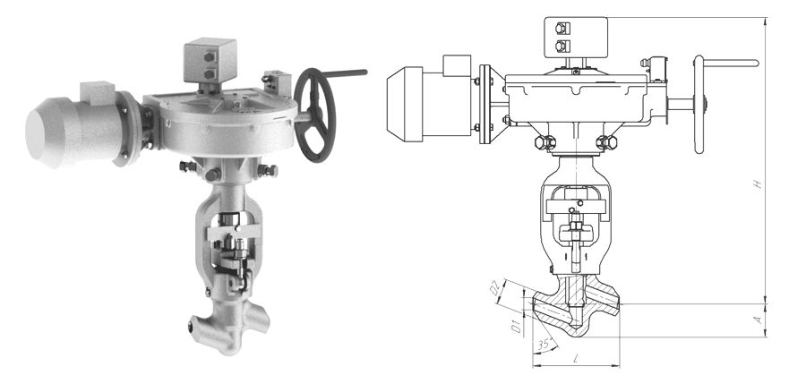 Клапан вентиль запорный 1055-32-ЭА с электроприводомом 792-Э-0а-01, DN 32 мм, PN 25 Мпа, ст 12Х1МФ