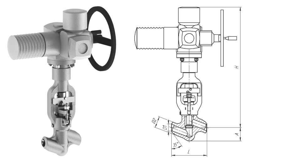 Клапан вентиль запорный 1054-50-ЭД с электроприводом AUMA SA 14.6-F14-C38, DN 50 мм, PN 37.3 Мпа, ст 20