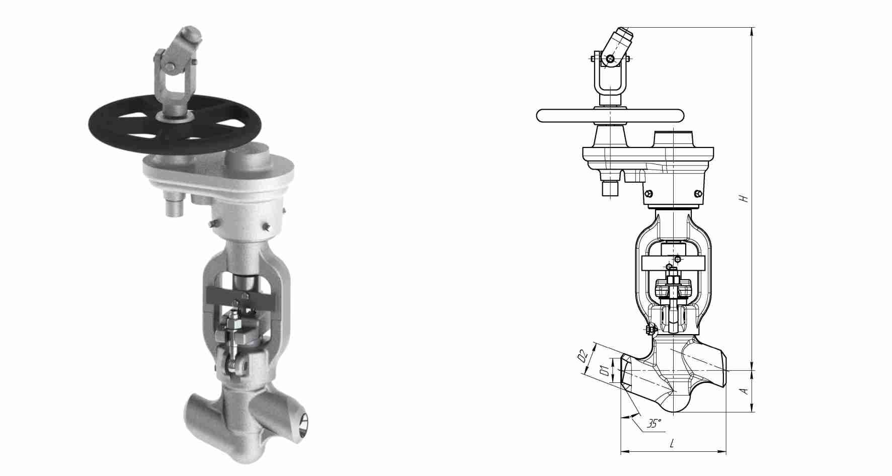 Клапан вентиль запорный 1054-50-ЦЗ с цилиндрическим редуктором, DN 50 мм, PN 37.3 Мпа, ст 20