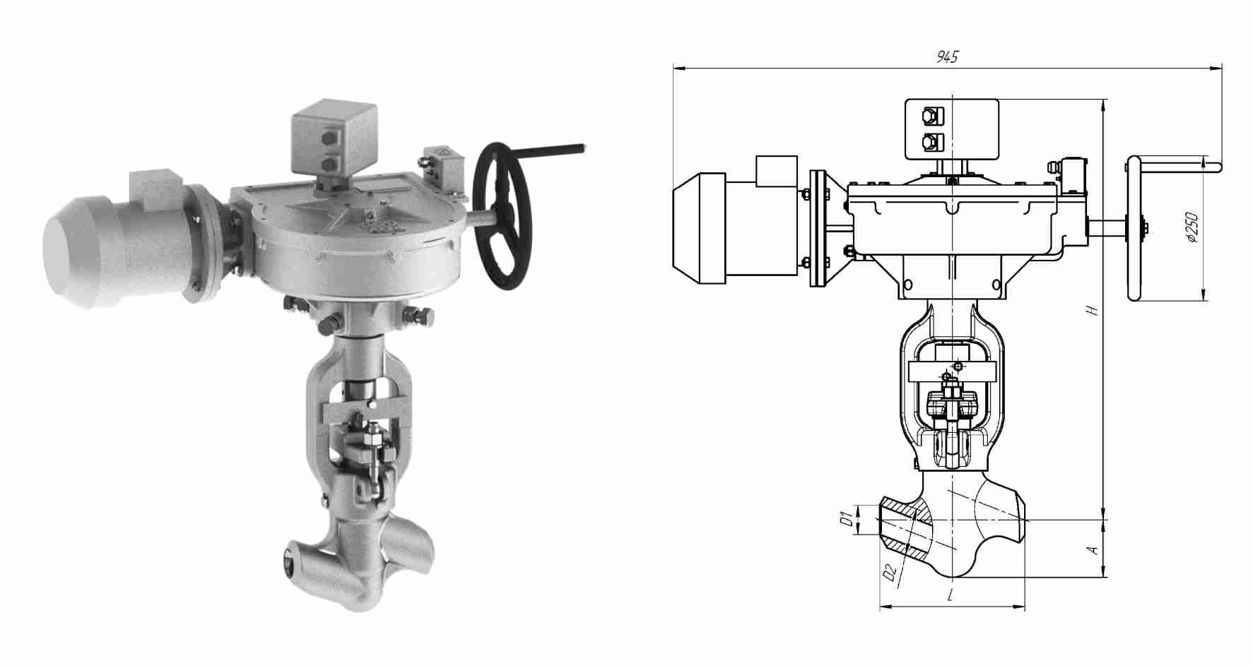 Клапан вентиль запорный 1054-50-ЭА с электроприводом 792-Э-0а-01, DN 50 мм, PN 37.3 Мпа, ст 20