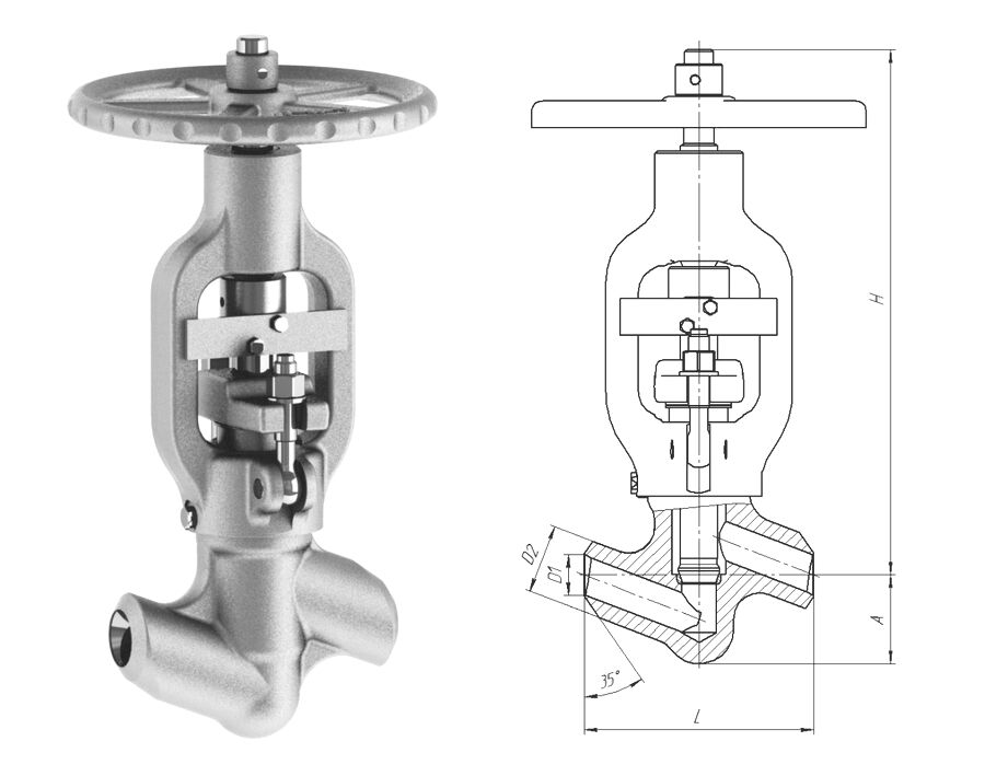 Клапан вентиль запорный 1054-50-0 с маховиком, DN 50 мм, PN 37.3 Мпа, ст 20