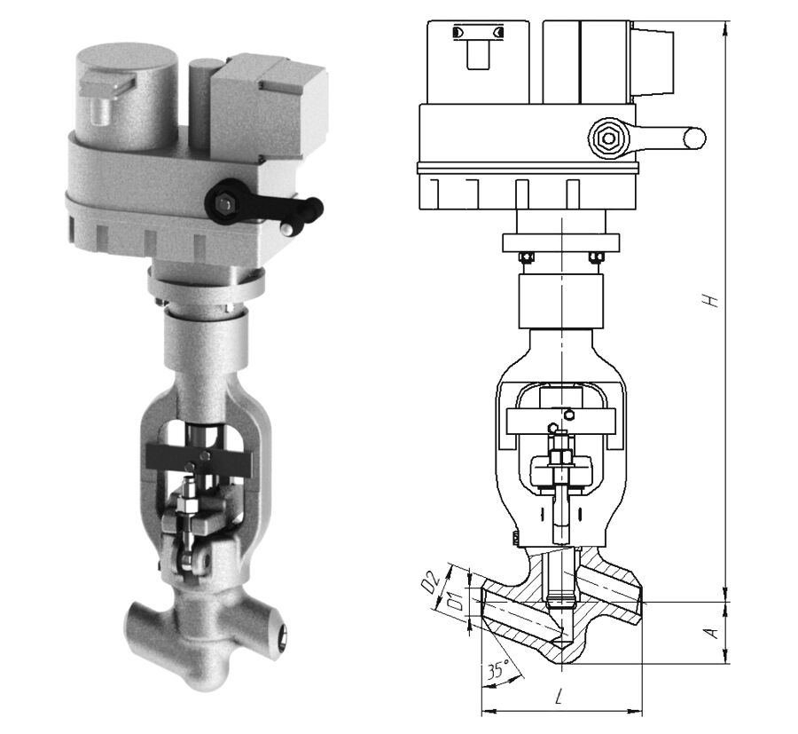 Клапан вентиль запорный 1054-40-ЭН с электроприводом ЭП-З-300-25-Б1-О-А-У1, DN 40 мм, PN 37.3 Мпа, ст 20
