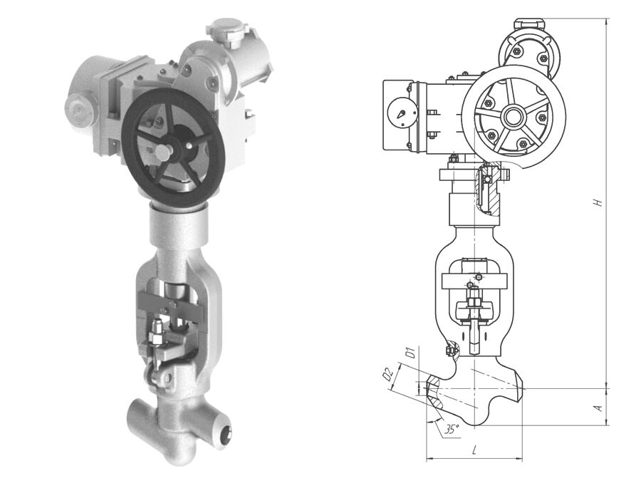 Клапан вентиль запорный 1054-40-ЭМ с электроприводом Н-Б1-07 У2, DN 40 мм, PN 37.3 Мпа, ст 20