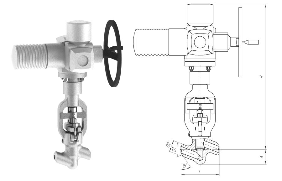 Клапан вентиль запорный 1054-40-ЭД с электроприводом AUMA SA 14.6-F14-C38, DN 40 мм, PN 37.3 Мпа, ст 20