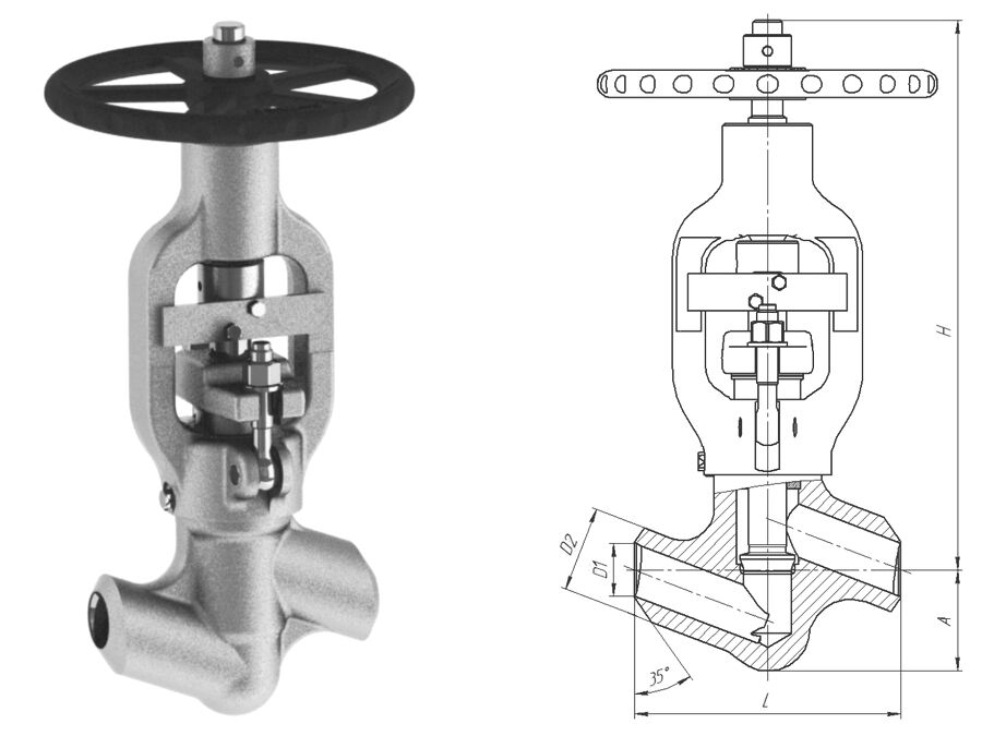 Клапан вентиль запорный 1053-50-0 с маховиком, DN 50 мм, PN 13.7 Мпа, ст 12Х1МФ