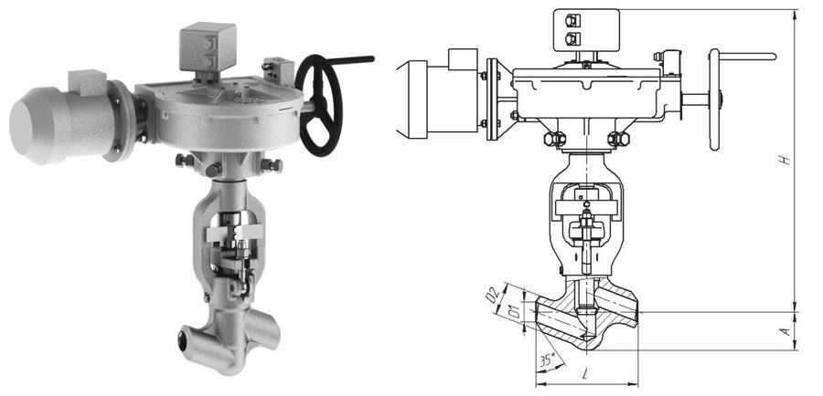 Клапан вентиль запорный 1053-50-ЭА с электроприводом 792-Э-0а-01, DN 50 мм, PN 13.7 Мпа, ст 12Х1МФ
