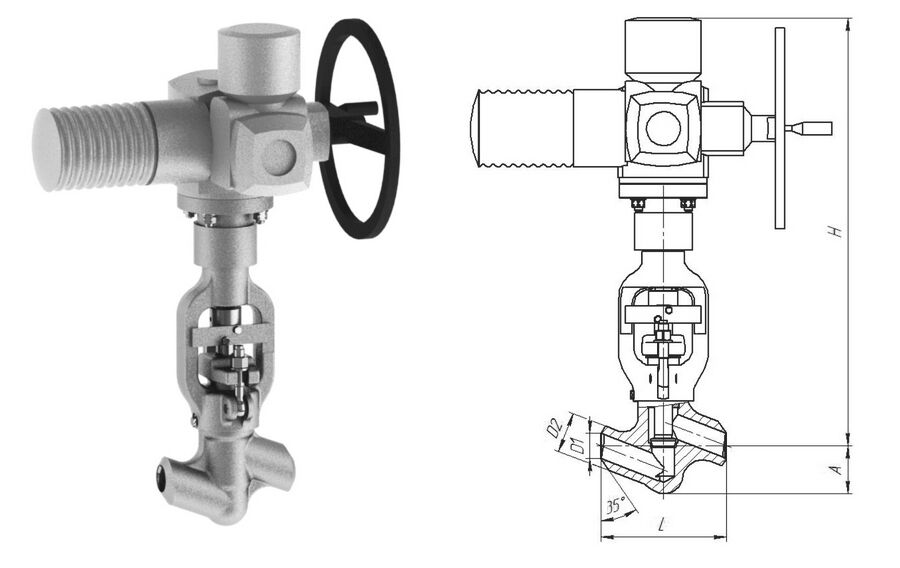 Клапан вентиль запорный 1053-50-ЭД с электроприводом AUMA SA 14.6-F14-C38, DN 50 мм, PN 13.7 Мпа, ст 12Х1МФ