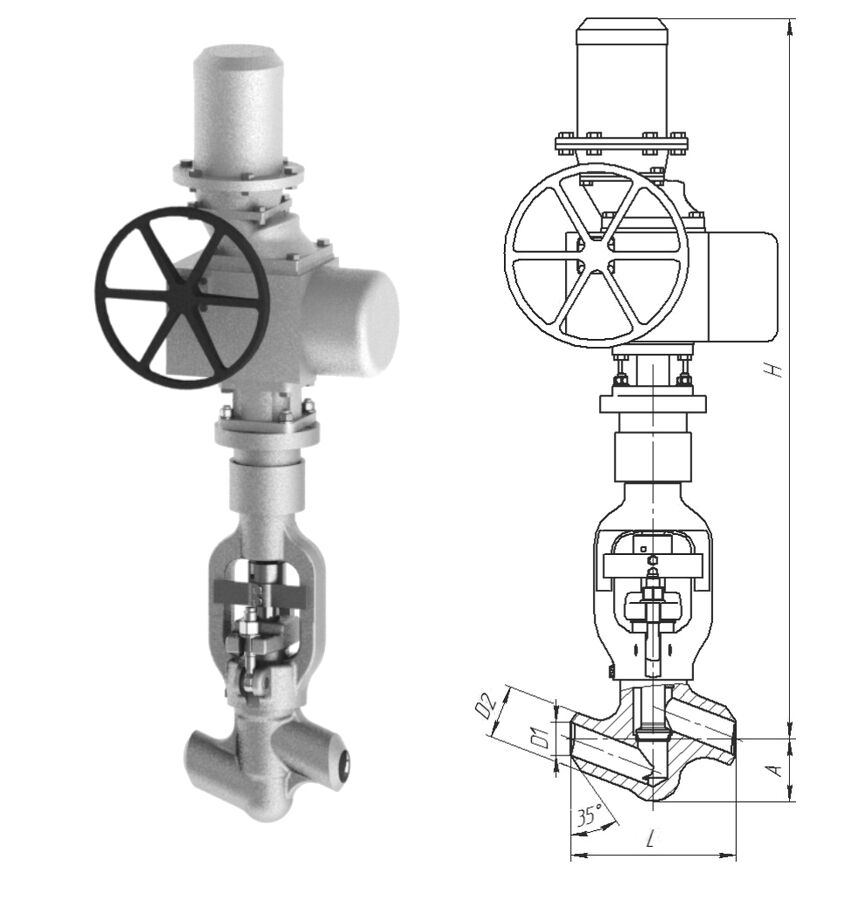 Клапан вентиль запорный 1053-50-ЭЧ с электроприводом ПЭМ-Б1М У2, DN 50 мм, PN 13.7 Мпа, ст 12Х1МФ