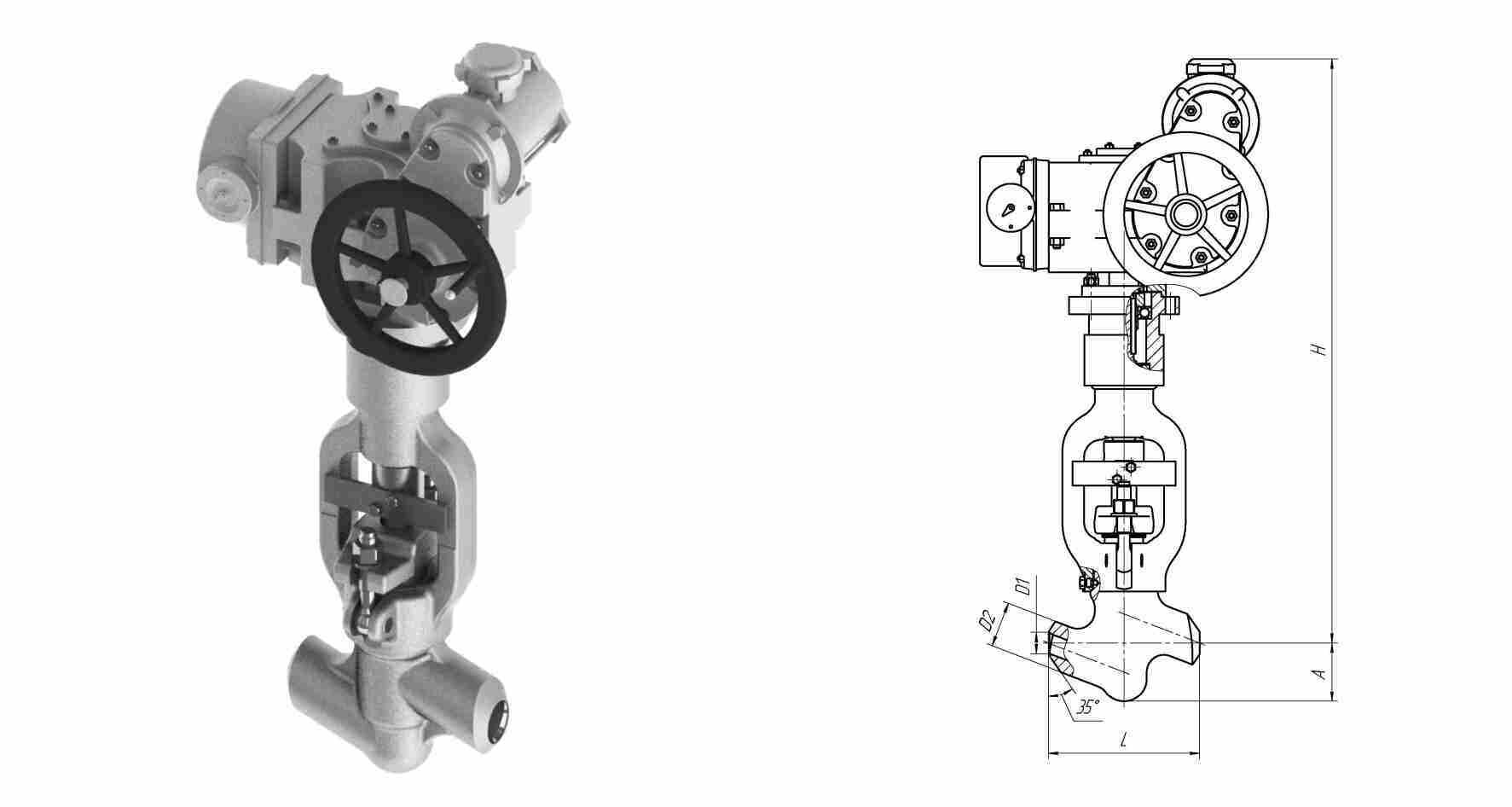 Клапан вентиль запорный 1053-50-ЭМ с электроприводом Н-Б1-07 У2, DN 50 мм, PN 13.7 Мпа, ст 12Х1МФ