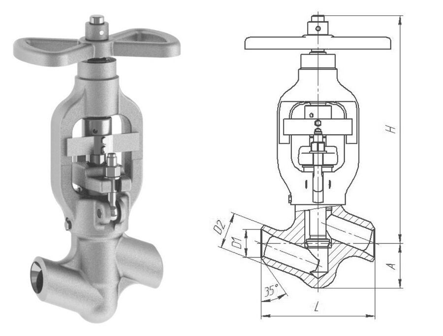 Клапан вентиль запорный 1052-65-0 с маховиком, DN 65 мм, PN 23.5 Мпа, ст 20