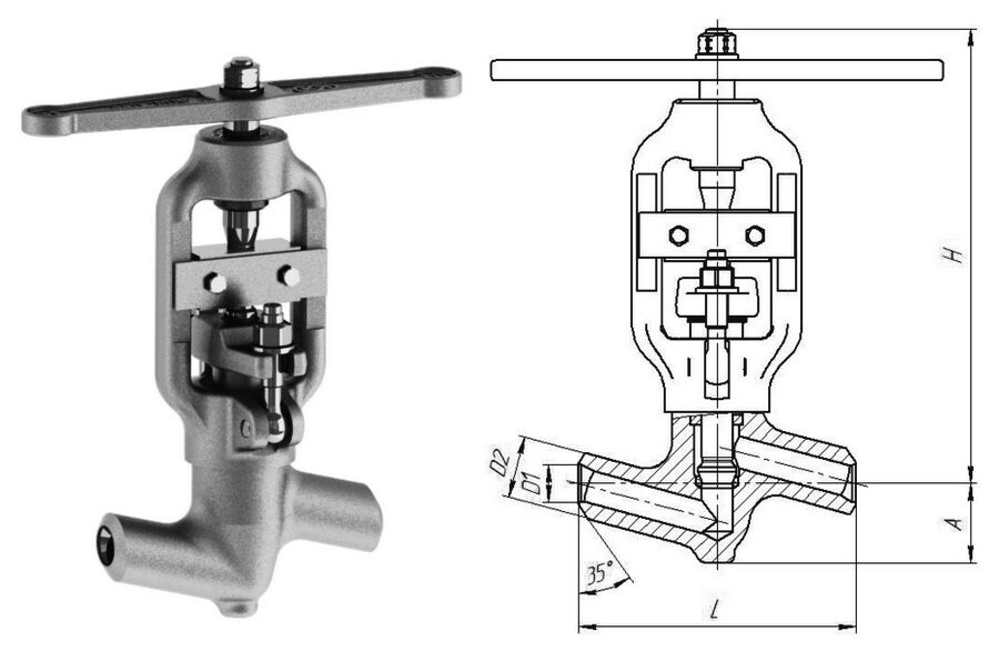 Клапан запорный 1512-20-0 с маховиком, DN 20 мм, PN 20 Мпа, ст 08Х18Н10Т