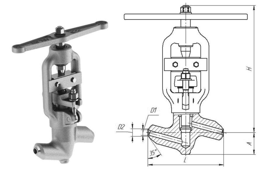 Клапан запорный 1512-10-0 с маховиком, DN 10 мм, PN 20 Мпа, ст 08Х18Н10Т