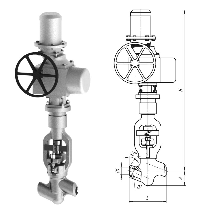 Клапан вентиль запорный 1054-50-ЭЧ с электроприводом ПЭМ-Б1М У2, DN 50 мм, PN 37.3 Мпа, ст 20