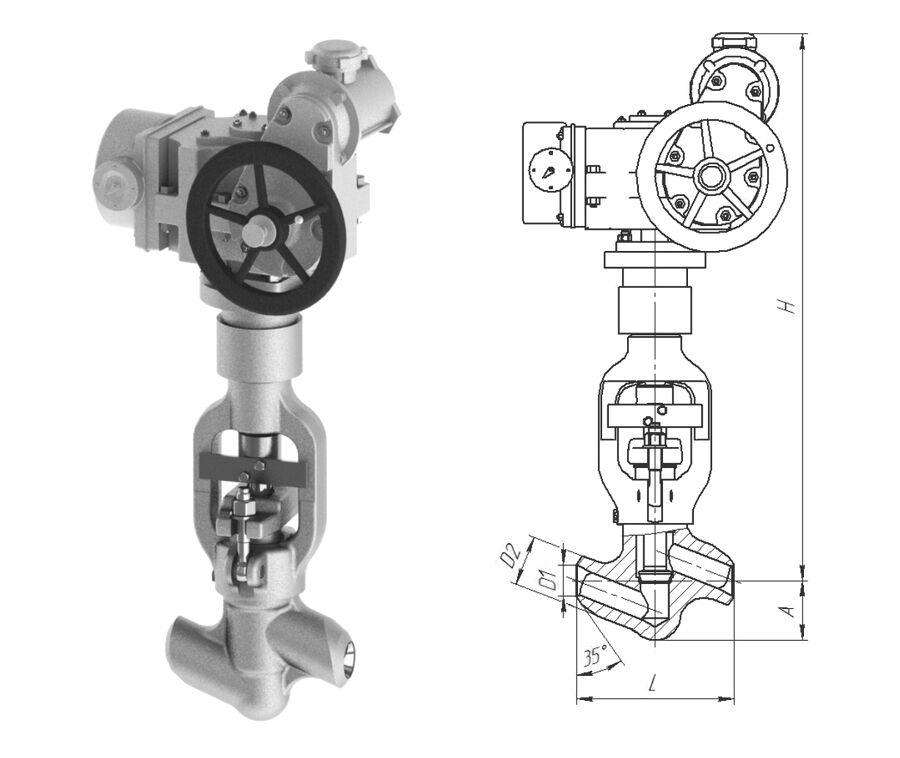Клапан вентиль запорный 1054-50-ЭМ с электроприводом Н-Б1-07 У2, DN 50 мм, PN 37.3 Мпа, ст 20