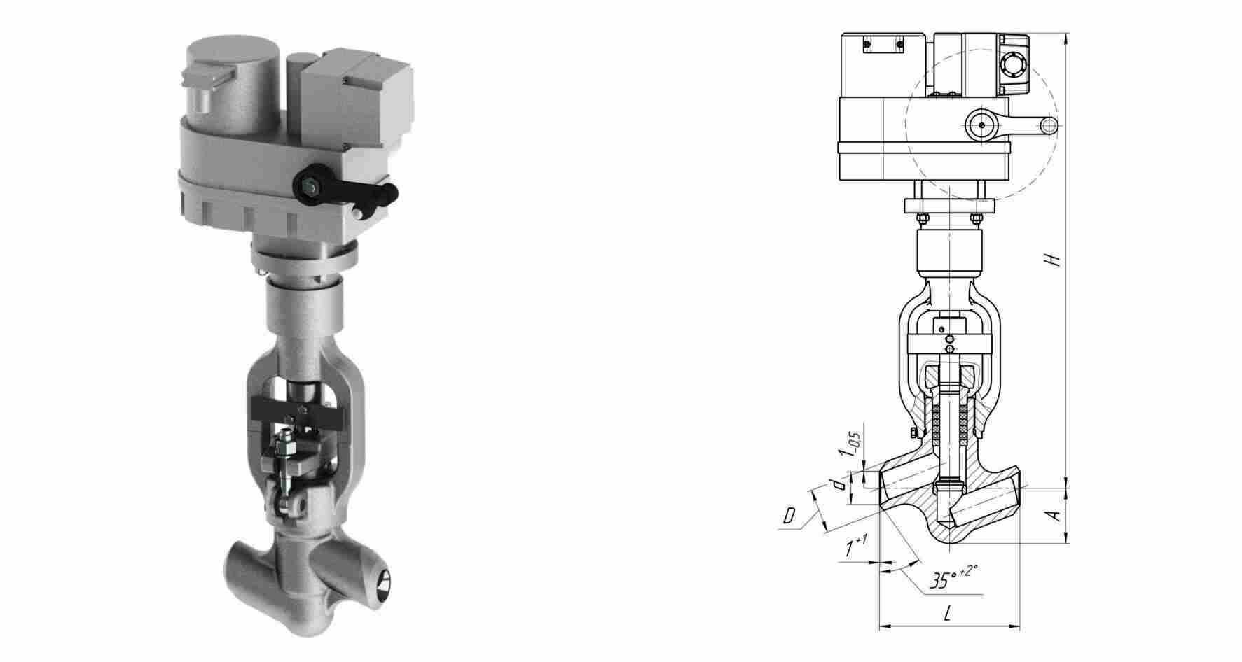 Клапан вентиль запорный 1054-50-ЭН с электроприводом ЭП-3-300-25-Б1-О-А-У1, DN 50 мм, PN 37.3 Мпа, ст 20