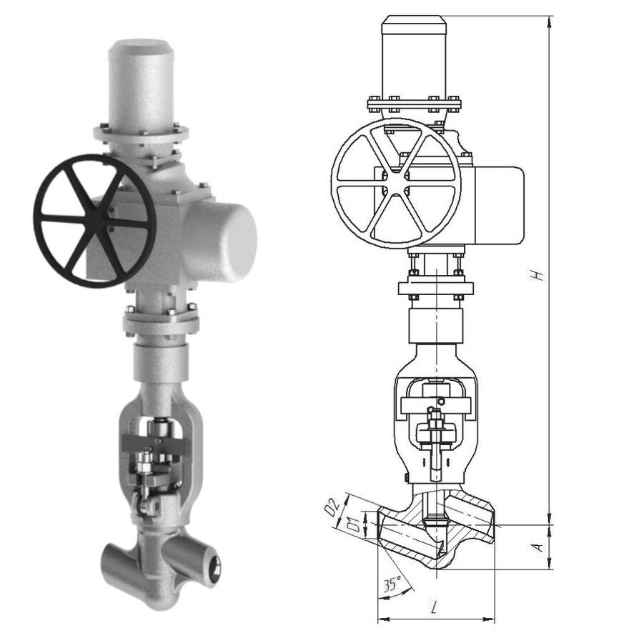Клапан вентиль запорный 1052-65-ЭЧ с электроприводом ПЭМ-Б1М У2, DN 65 мм, PN 23.5 Мпа, ст 20