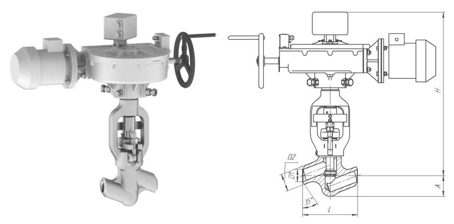 Клапан вентиль запорный 1052-65-ЭА с электроприводом 792-Э-0а-01, DN 65 мм, PN 23.5 Мпа, ст 20