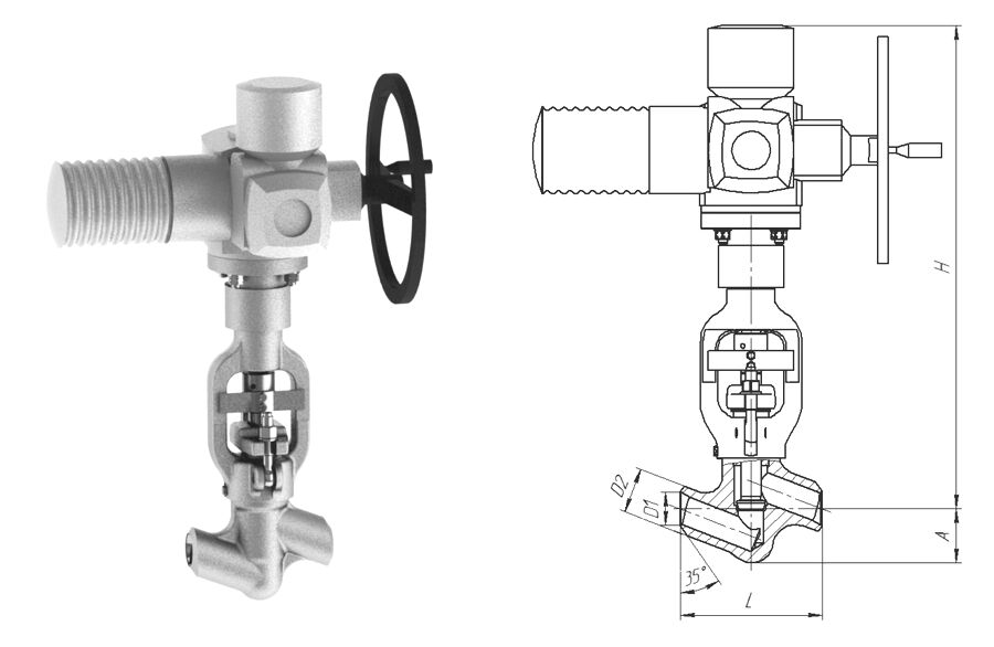 Клапан вентиль запорный 1052-65-ЭД с электроприводом AUMA SA 14.6-F14-C38, DN 65 мм, PN 23.5 Мпа, ст 20
