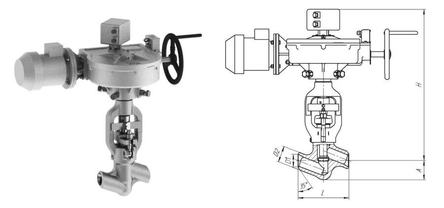 Клапан вентиль запорный 1057-65-ЭА с электроприводом 792-Э-0а-01, DN 65 мм, PN 9.8 Мпа, ст 12Х1МФ